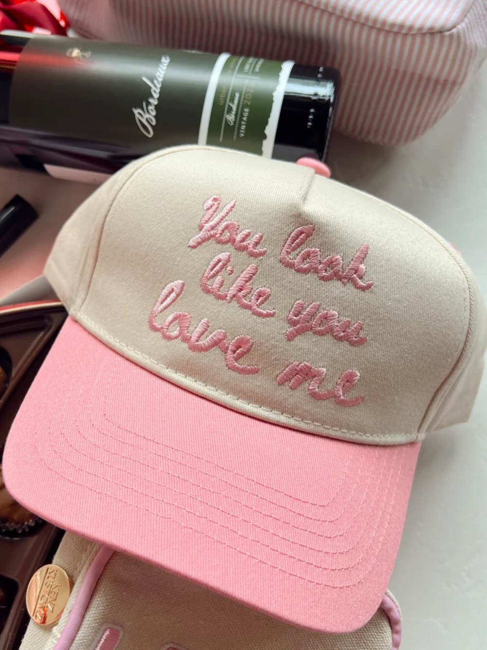 Embroidered Pink & Cream Baseball Cap you look like you love me new Kenzkustomz